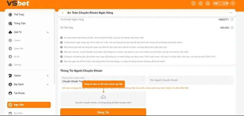các bước nạp tiền vsbet60
